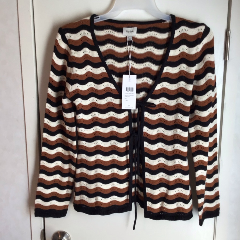 NWT Rythum Cardigan Sweater Large size 12 Striped Brown and White Sweater